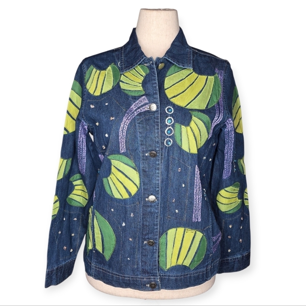 March Landing Embellished Denim Jacket Small Abstract Applique Jean Jacket